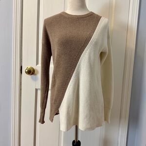 Neiman Marcus Cotton & Cashmere White & Taupe Crewneck Tunic Sweater, Size Small